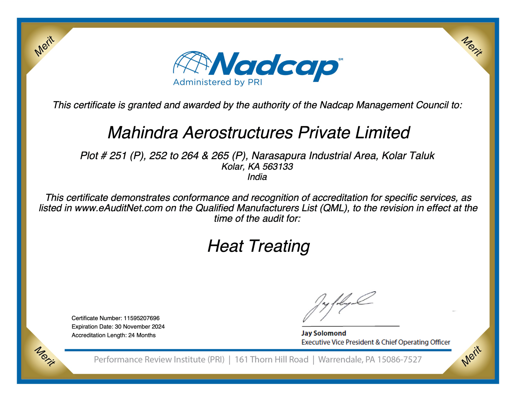 Certificate Nadcap (Aerospace) Heat Treating audit # 207696