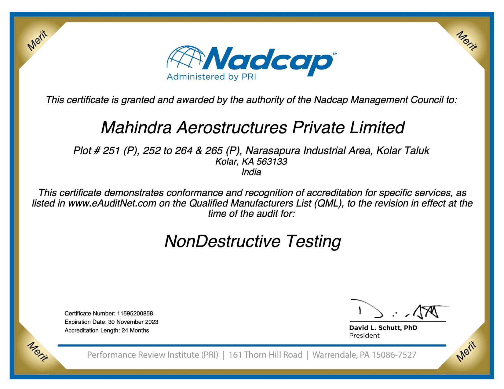Certificate Nadcap (Aerospace) NDT certificate
