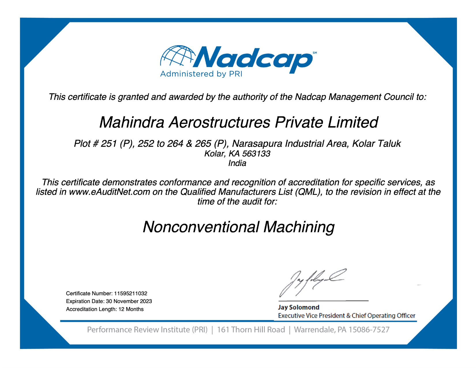 Certificate Nadcap (Aerospace) Nonconventional Machining audit # 211032