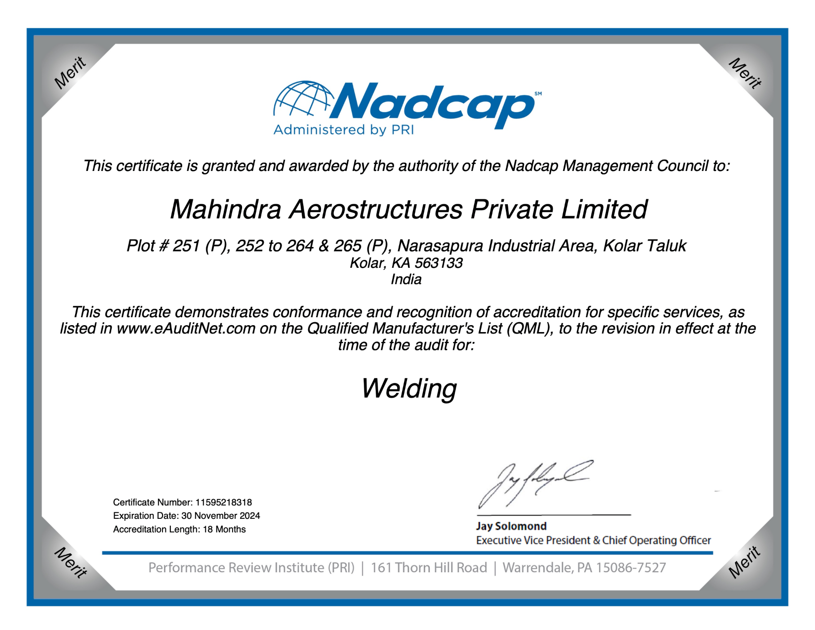 Certificate Nadcap (Aerospace) Welding audit # 218318